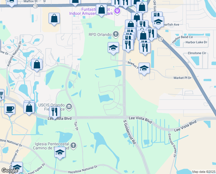 map of restaurants, bars, coffee shops, grocery stores, and more near 6504 South Goldenrod Road in Orlando