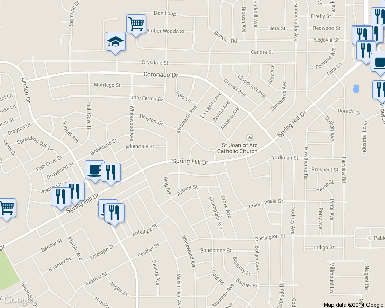 map of restaurants, bars, coffee shops, grocery stores, and more near 2368 Arlee Lane in Spring Hill