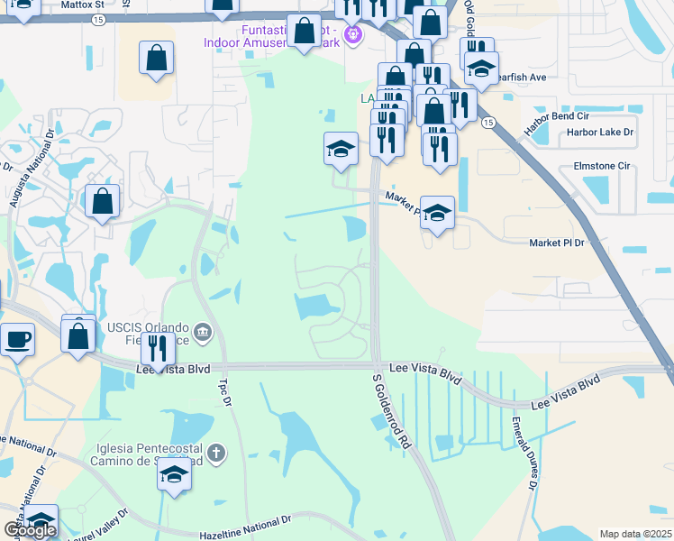map of restaurants, bars, coffee shops, grocery stores, and more near 6504 South Goldenrod Road in Orlando