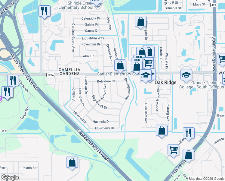 map of restaurants, bars, coffee shops, grocery stores, and more near 6027 Wilbeth Avenue in Orlando