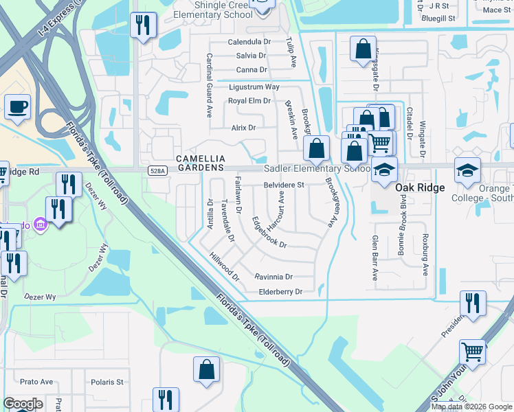 map of restaurants, bars, coffee shops, grocery stores, and more near 6024 Edgebrook Drive in Orlando