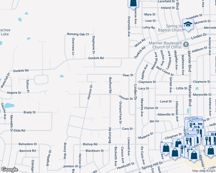 map of restaurants, bars, coffee shops, grocery stores, and more near 10457 Bedford Road in Spring Hill