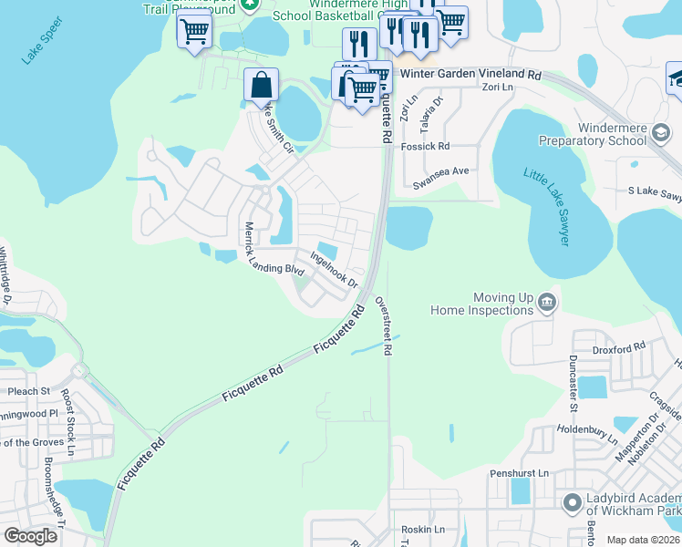 map of restaurants, bars, coffee shops, grocery stores, and more near 13821 Ingelnook Drive in Windermere
