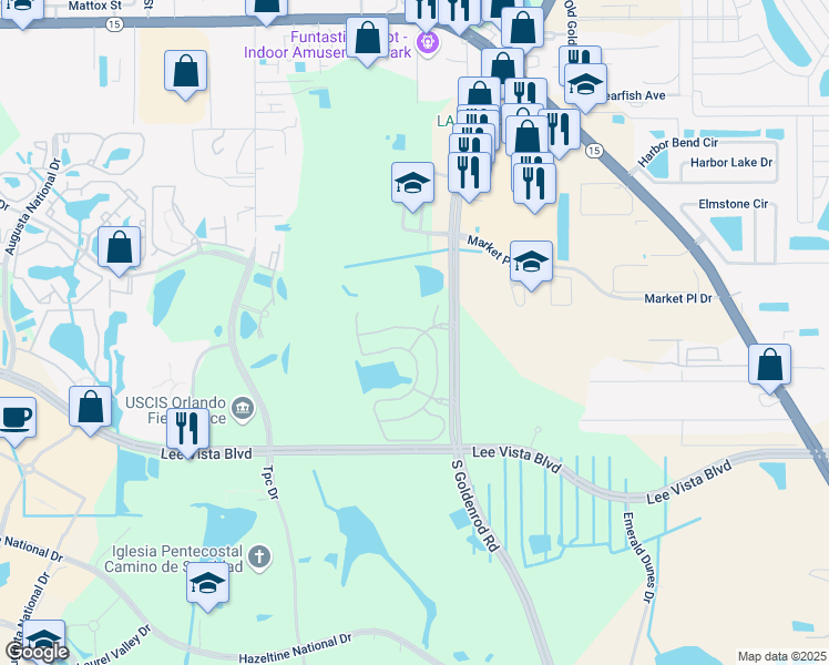 map of restaurants, bars, coffee shops, grocery stores, and more near 6552 South Goldenrod Road in Orlando