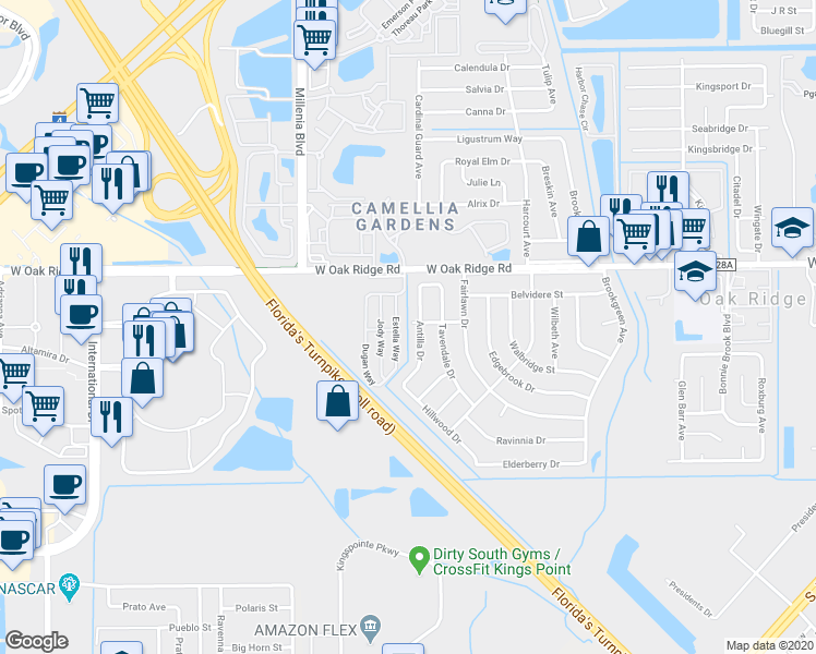 map of restaurants, bars, coffee shops, grocery stores, and more near 4766 Southridge Avenue in Orlando