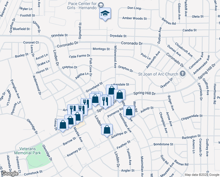 map of restaurants, bars, coffee shops, grocery stores, and more near 13116 Arkendale Street in Spring Hill