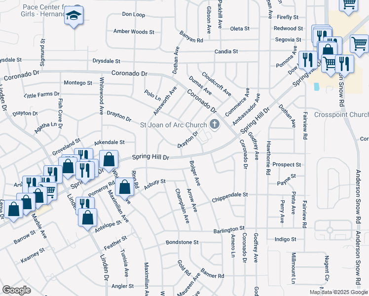 map of restaurants, bars, coffee shops, grocery stores, and more near 13366 Drayton Drive in Spring Hill