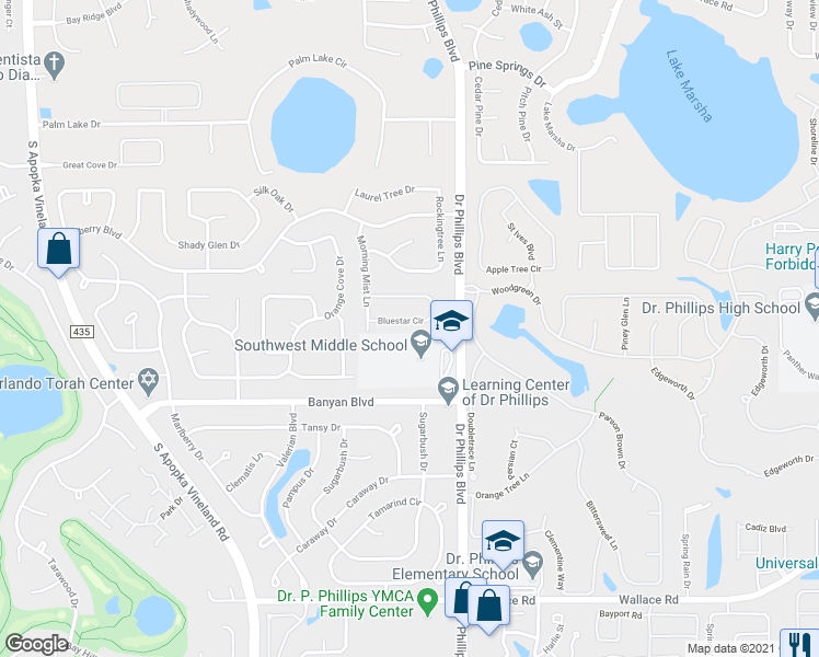 map of restaurants, bars, coffee shops, grocery stores, and more near 8197 Bluestar Circle in Orlando