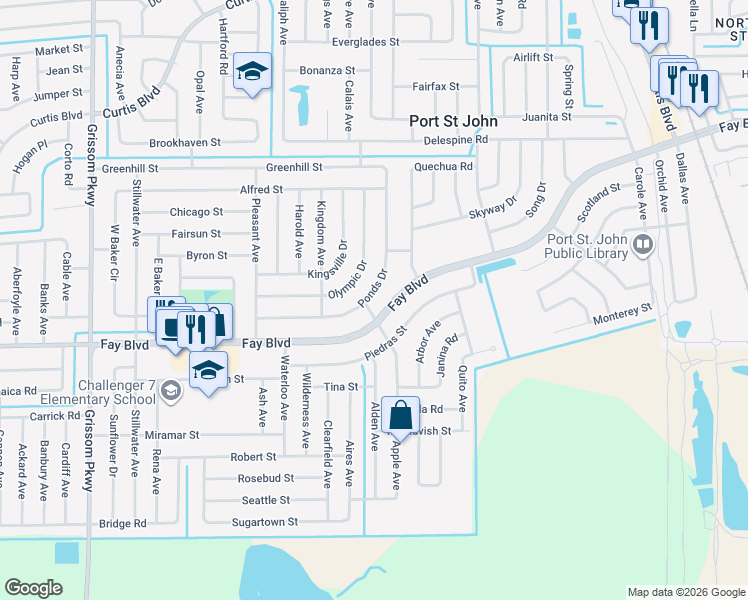 map of restaurants, bars, coffee shops, grocery stores, and more near 4300-4384 Fay Boulevard in Port Saint John