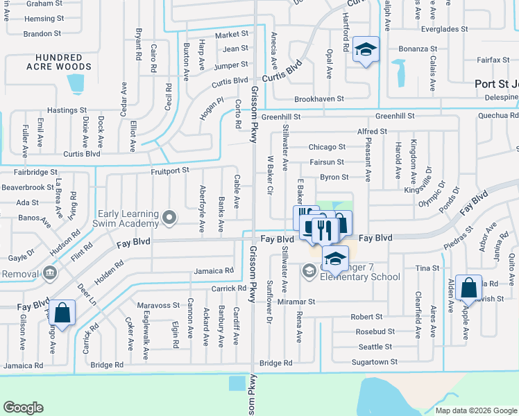 map of restaurants, bars, coffee shops, grocery stores, and more near 6350 West Baker Circle in Cocoa