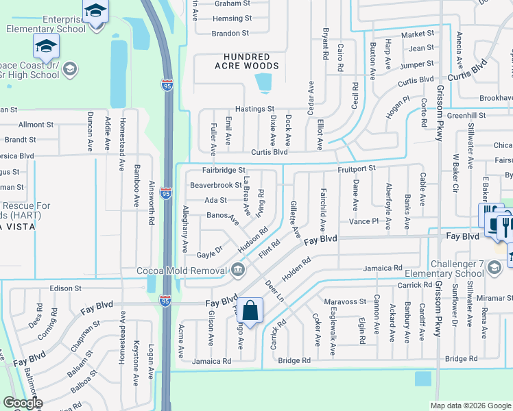 map of restaurants, bars, coffee shops, grocery stores, and more near 6370 Irving Road in Cocoa