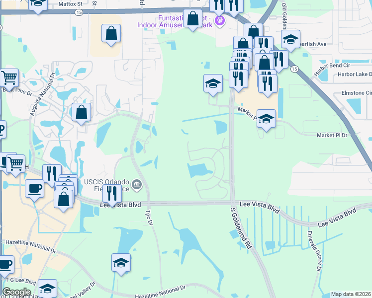 map of restaurants, bars, coffee shops, grocery stores, and more near 6448 South Goldenrod Road in Orlando