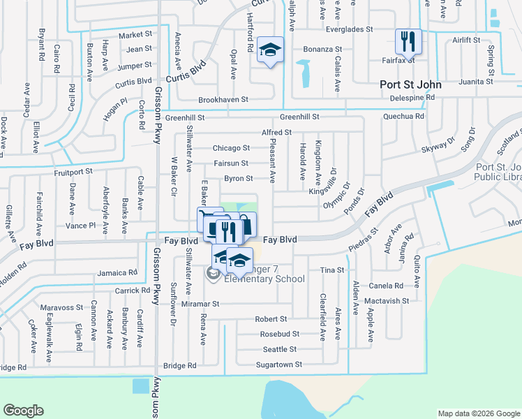 map of restaurants, bars, coffee shops, grocery stores, and more near 6373 Hunt Road in Cocoa
