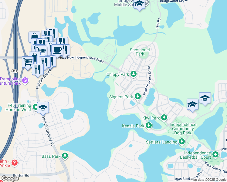 map of restaurants, bars, coffee shops, grocery stores, and more near 6737 Point Hancock Drive in Winter Garden