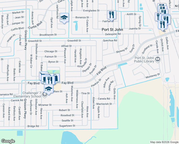 map of restaurants, bars, coffee shops, grocery stores, and more near 4400 Ponds Drive in Cocoa