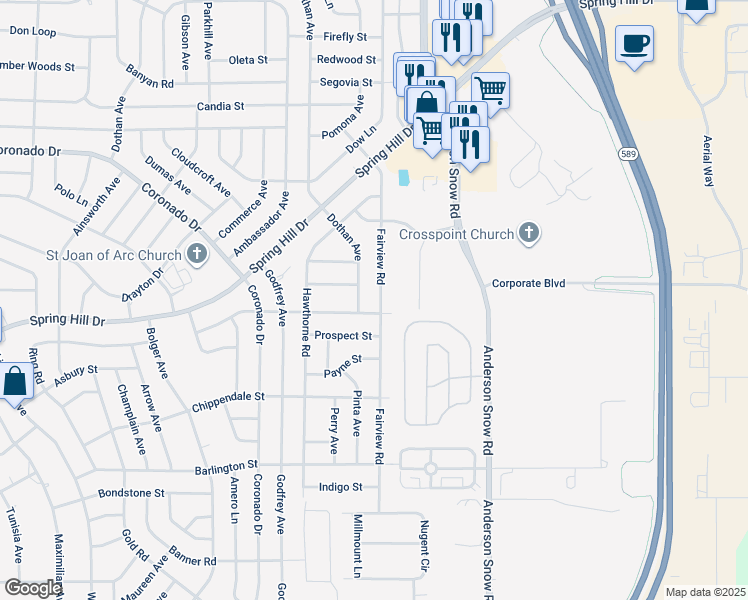 map of restaurants, bars, coffee shops, grocery stores, and more near 2391 Fairview Road in Spring Hill