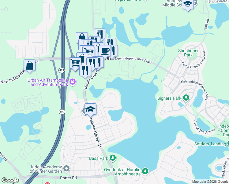 map of restaurants, bars, coffee shops, grocery stores, and more near 5370 Bowman Drive in Winter Garden