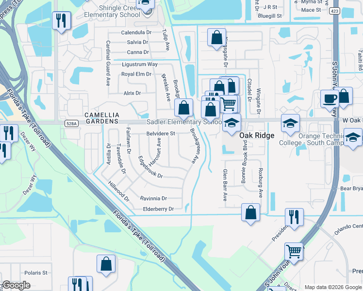 map of restaurants, bars, coffee shops, grocery stores, and more near 4210 Tara Court in Orlando