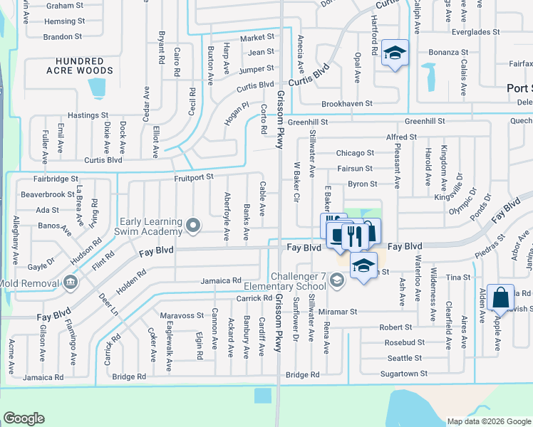 map of restaurants, bars, coffee shops, grocery stores, and more near 6375 Cable Avenue in Cocoa
