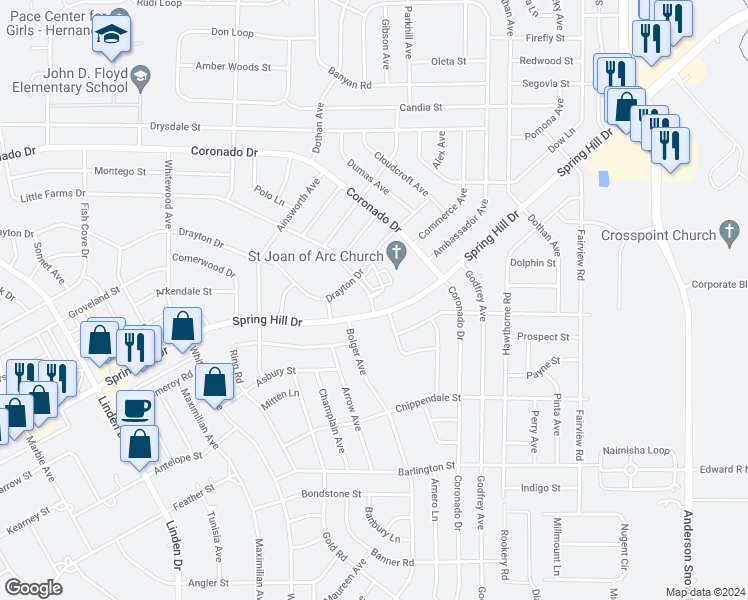 map of restaurants, bars, coffee shops, grocery stores, and more near 13461 Little Farms Drive in Spring Hill