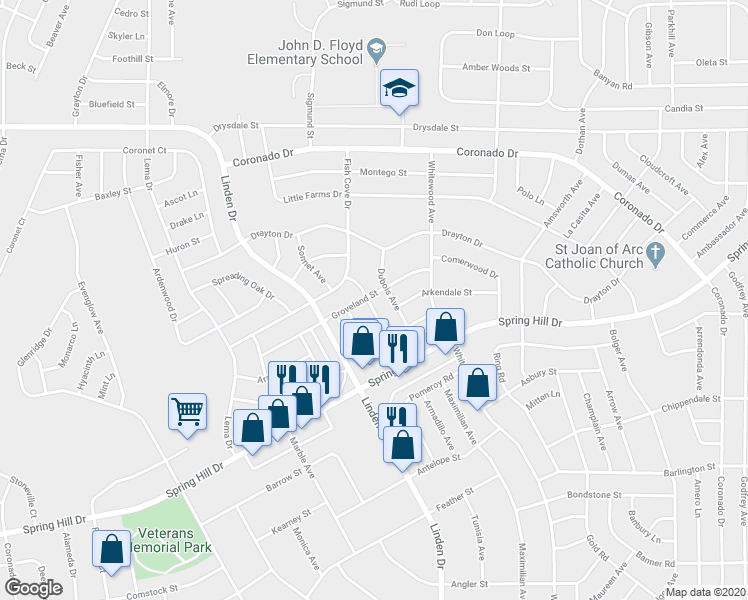 map of restaurants, bars, coffee shops, grocery stores, and more near 2380 Summerfield Avenue in Spring Hill