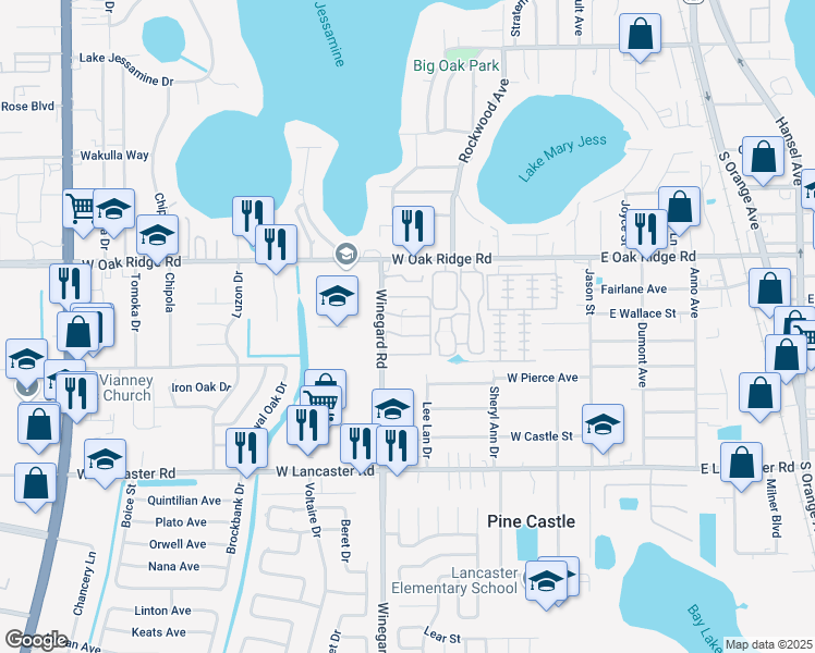 map of restaurants, bars, coffee shops, grocery stores, and more near 6019 Winegard Road in Pine Castle