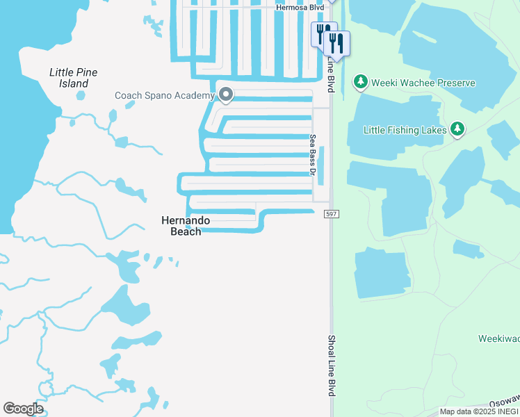 map of restaurants, bars, coffee shops, grocery stores, and more near 3496 Jew Fish Drive in Hernando Beach