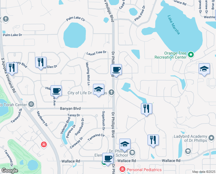map of restaurants, bars, coffee shops, grocery stores, and more near 8173 Bluestar Circle in Orlando