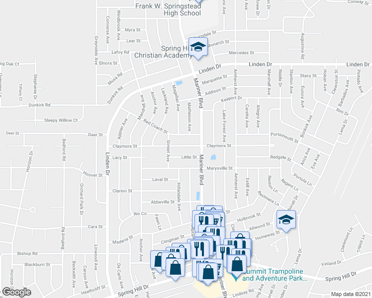 map of restaurants, bars, coffee shops, grocery stores, and more near 11024 Claymore Street in Spring Hill