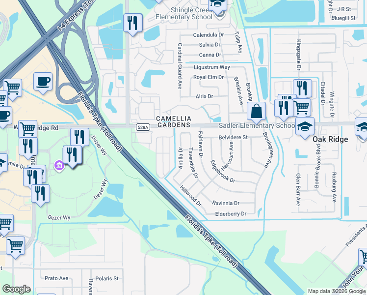 map of restaurants, bars, coffee shops, grocery stores, and more near 4766 Southridge Avenue in Orlando