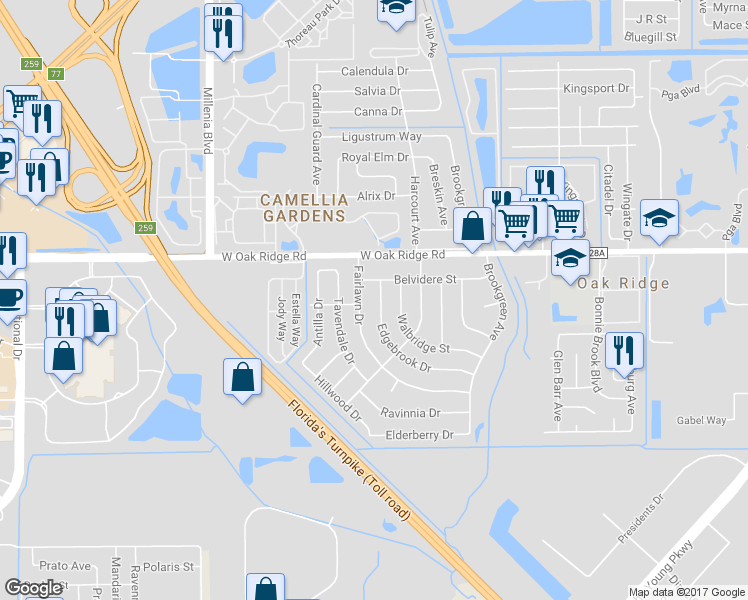 map of restaurants, bars, coffee shops, grocery stores, and more near 6024 Edgebrook Drive in Orlando