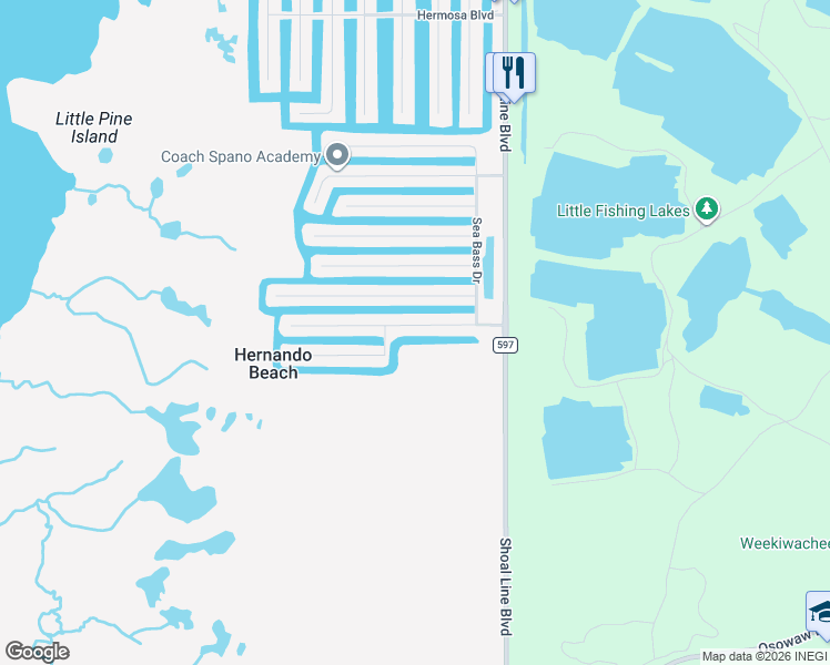 map of restaurants, bars, coffee shops, grocery stores, and more near 3496 Jew Fish Drive in Hernando Beach