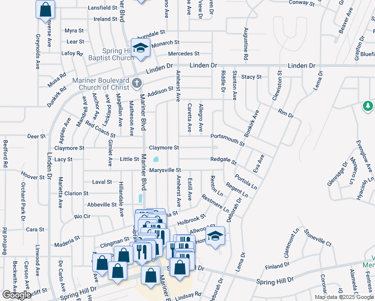 map of restaurants, bars, coffee shops, grocery stores, and more near 11186 Claymore Street in Spring Hill