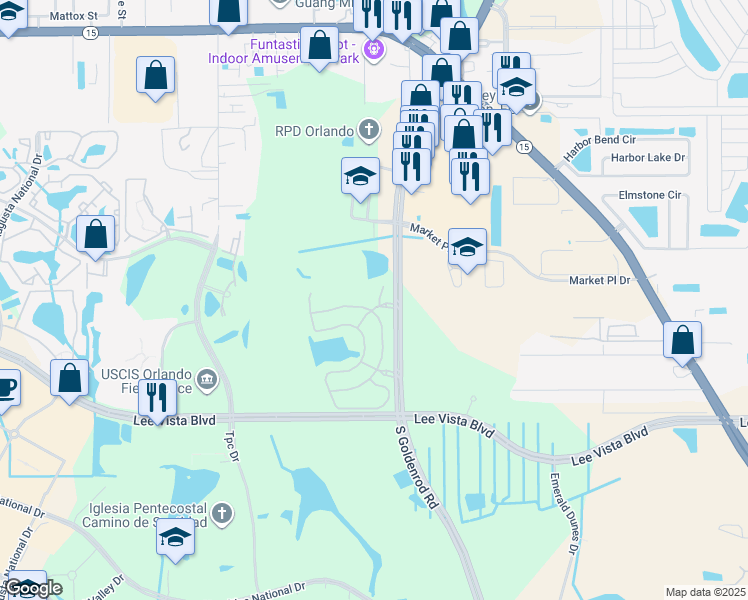 map of restaurants, bars, coffee shops, grocery stores, and more near 6552 South Goldenrod Road in Orlando