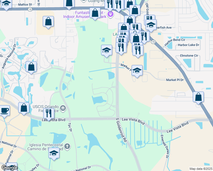 map of restaurants, bars, coffee shops, grocery stores, and more near 6552 South Goldenrod Road in Orlando