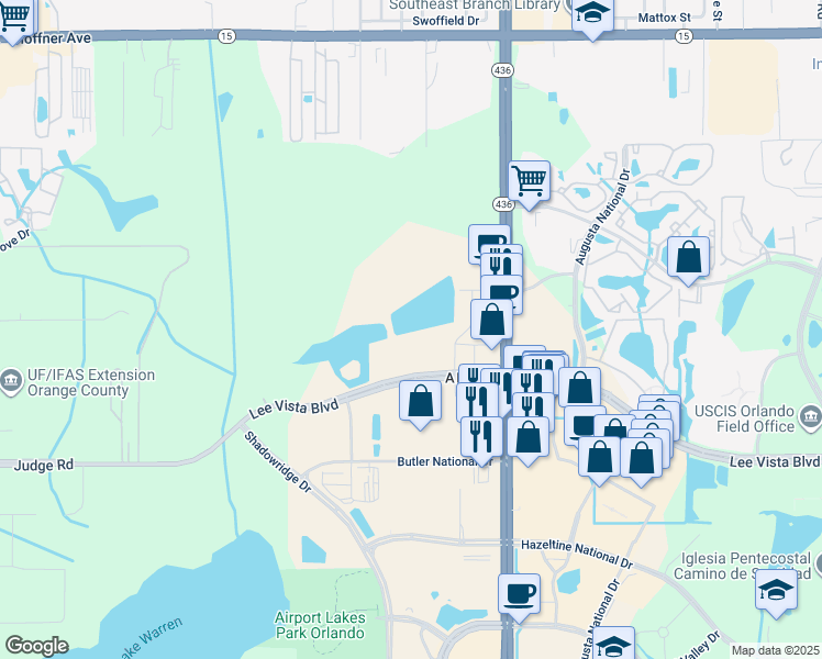 map of restaurants, bars, coffee shops, grocery stores, and more near 5401-5461 Lee Vista Boulevard in Orlando
