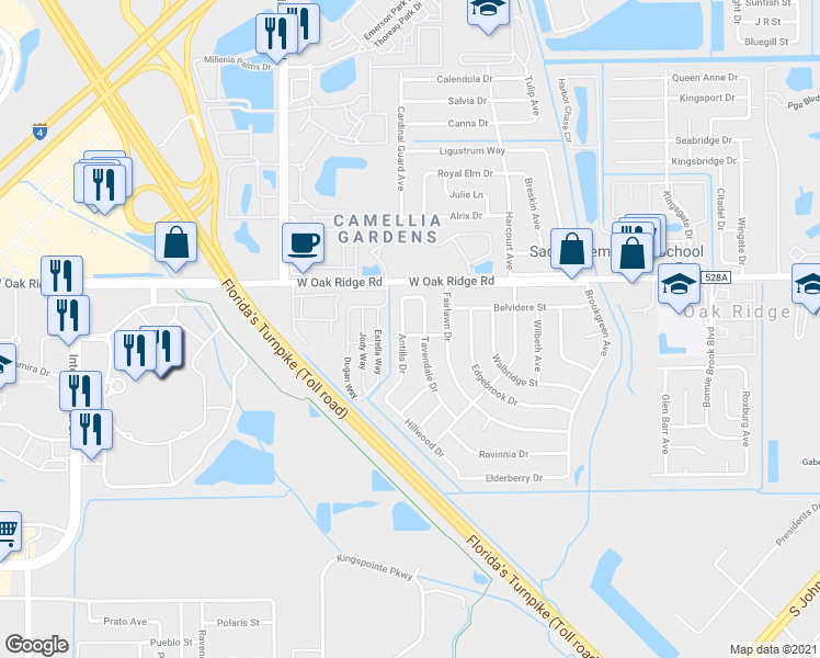map of restaurants, bars, coffee shops, grocery stores, and more near 4766 Southridge Avenue in Orlando