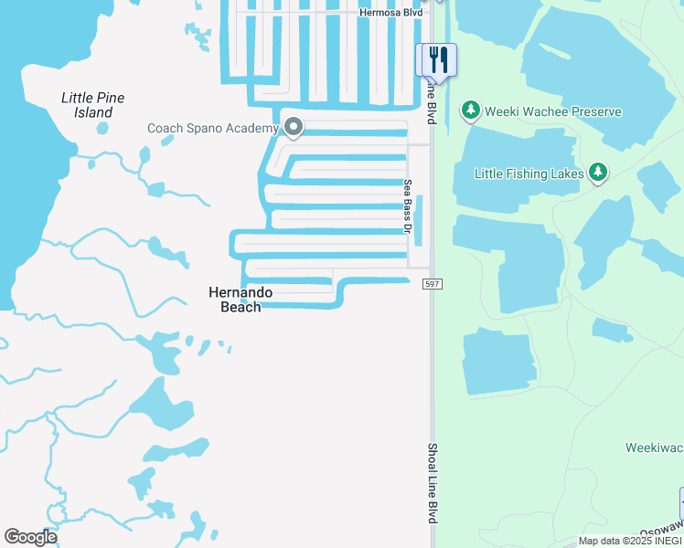 map of restaurants, bars, coffee shops, grocery stores, and more near 3496 Jew Fish Drive in Hernando Beach