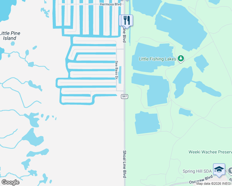 map of restaurants, bars, coffee shops, grocery stores, and more near 4074 Jew Fish Drive in Hernando Beach