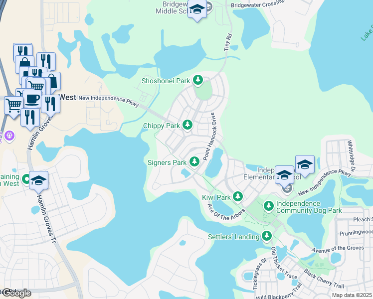 map of restaurants, bars, coffee shops, grocery stores, and more near 15706 Signature Drive in Winter Garden