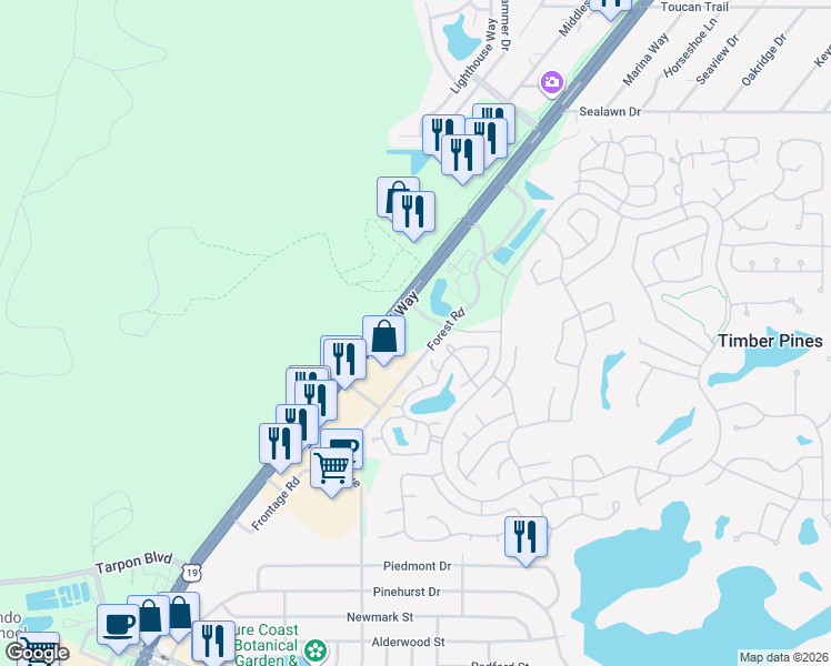 map of restaurants, bars, coffee shops, grocery stores, and more near Forest Road in Spring Hill