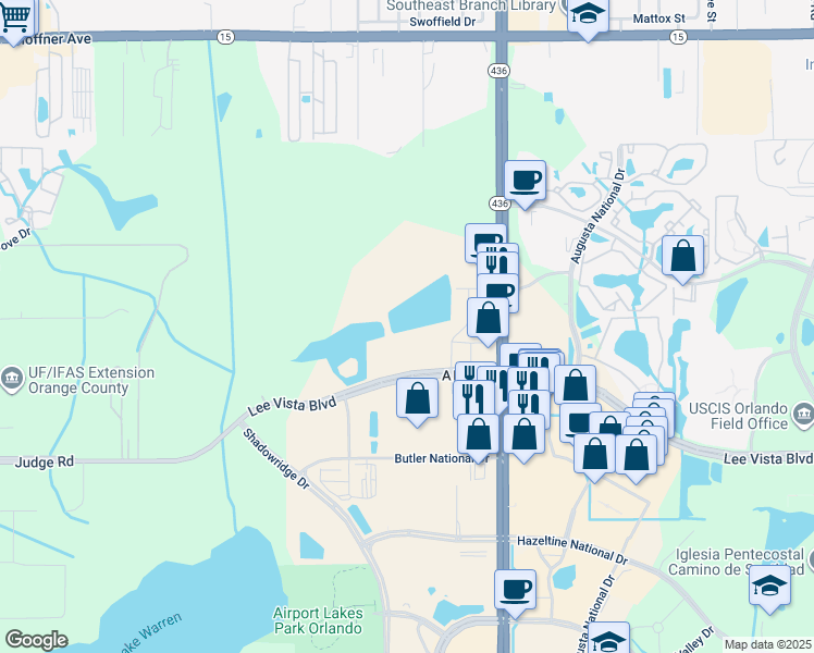 map of restaurants, bars, coffee shops, grocery stores, and more near 4545 Portier Street in Orlando