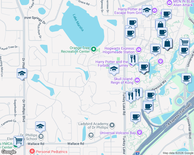 map of restaurants, bars, coffee shops, grocery stores, and more near 7213 Moss Leaf Lane in Orlando