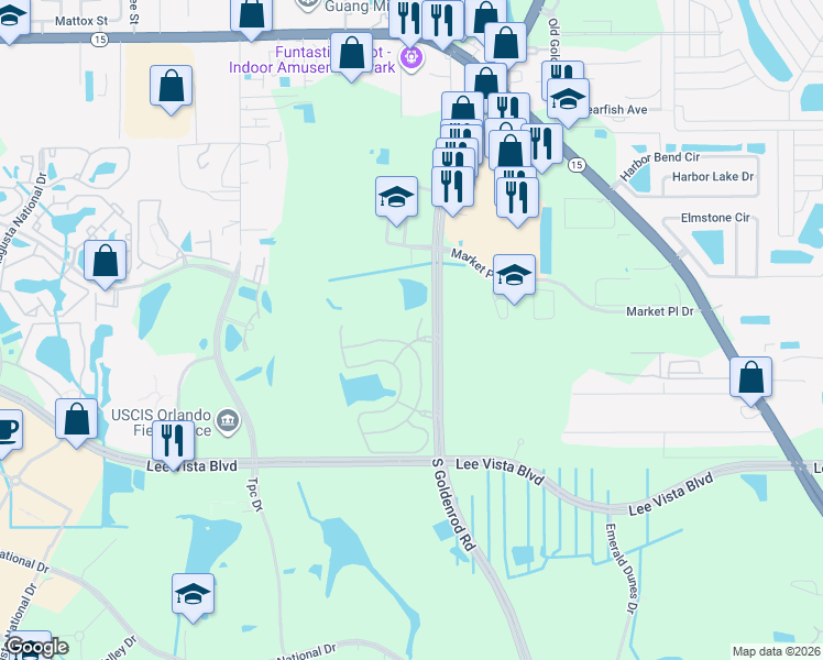 map of restaurants, bars, coffee shops, grocery stores, and more near 6552 South Goldenrod Road in Orlando