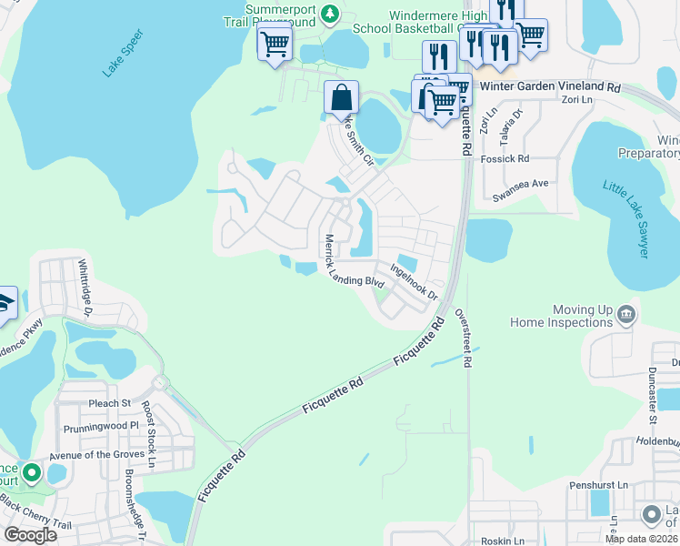 map of restaurants, bars, coffee shops, grocery stores, and more near 6616 Merrick Landing Boulevard in Windermere