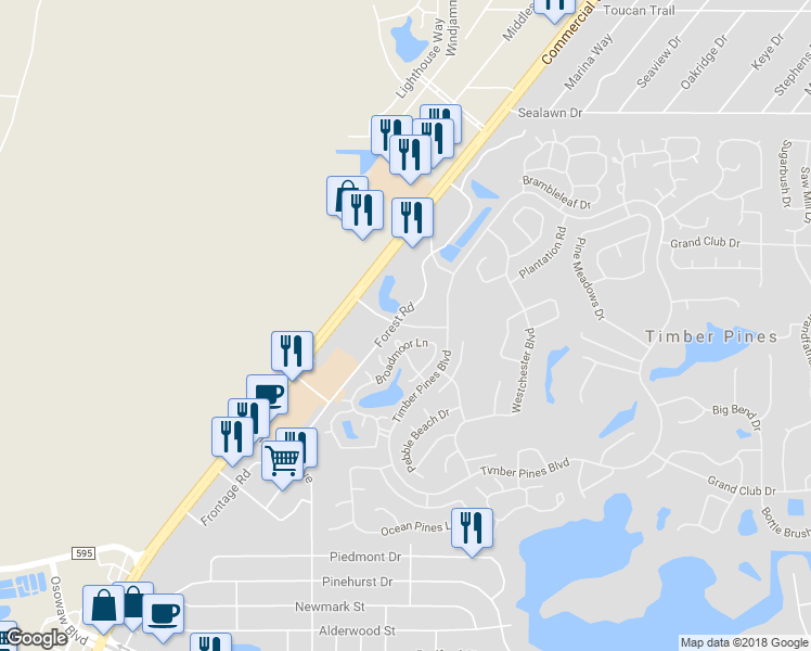 map of restaurants, bars, coffee shops, grocery stores, and more near Timber Pines Drive in Spring Hill