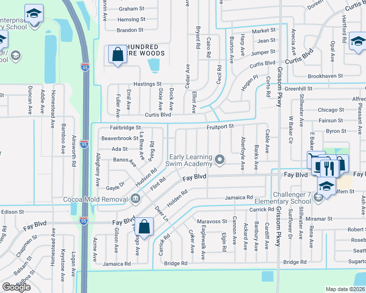 map of restaurants, bars, coffee shops, grocery stores, and more near 5464 Flint Road in Cocoa