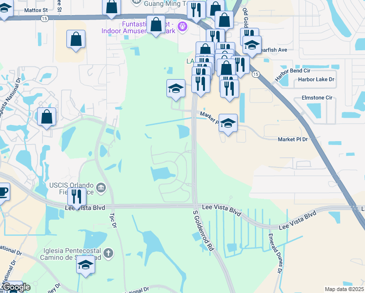 map of restaurants, bars, coffee shops, grocery stores, and more near 6552 South Goldenrod Road in Orlando