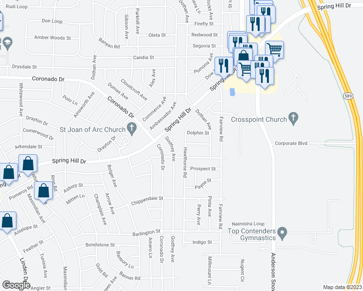 map of restaurants, bars, coffee shops, grocery stores, and more near 2403 Hawthorne Road in Spring Hill