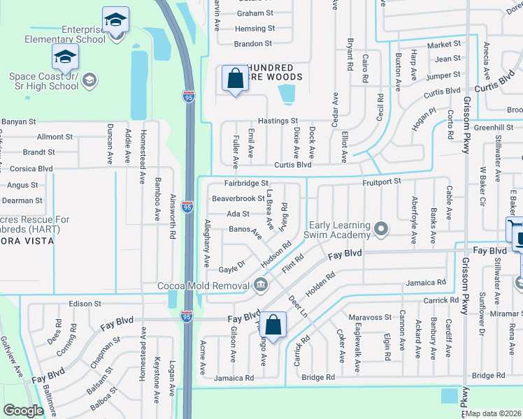 map of restaurants, bars, coffee shops, grocery stores, and more near 5660 Banos Avenue in Cocoa
